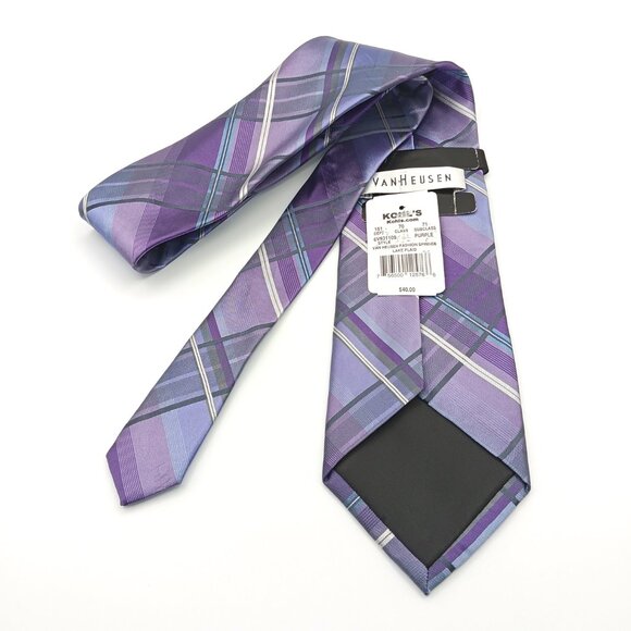 Van Heusen Silk Tie Men’s 60” Purple Spinner Lake Plaid Preppy Classic New - Picture 3 of 3